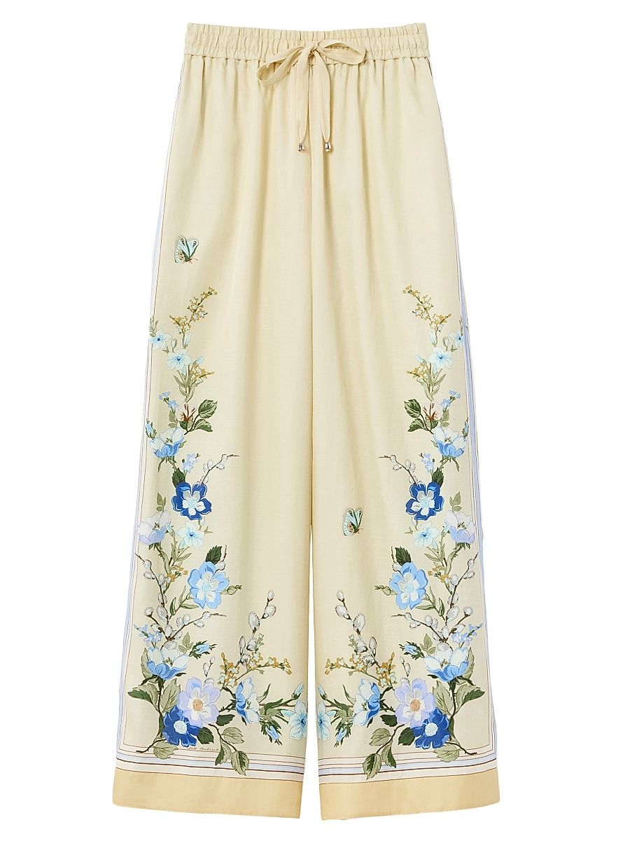 Women's Floral Organza Wide-Leg Drawstring Pants - Yellow - Size 00