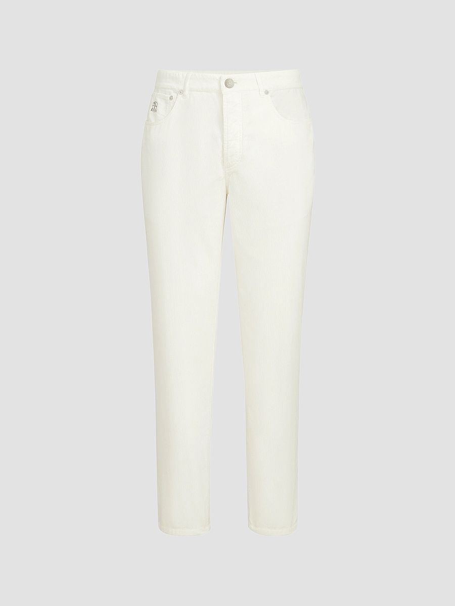 Men's Five-Pocket Italian Fit Trousers in Cotton Narrow Wale Corduroy - Snow - Size 48