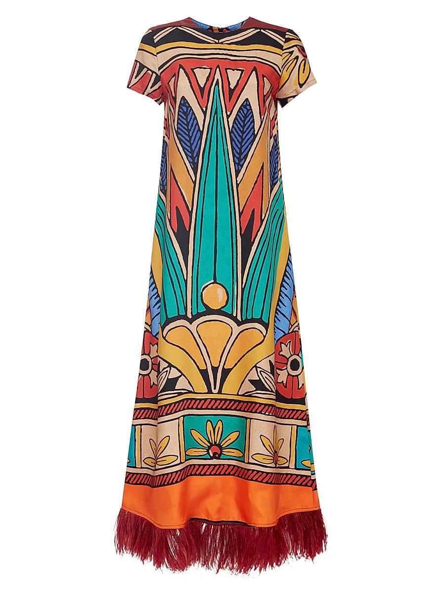 Women's Swing Dress with Feathers - Philae Placee Multicolor - Size XS