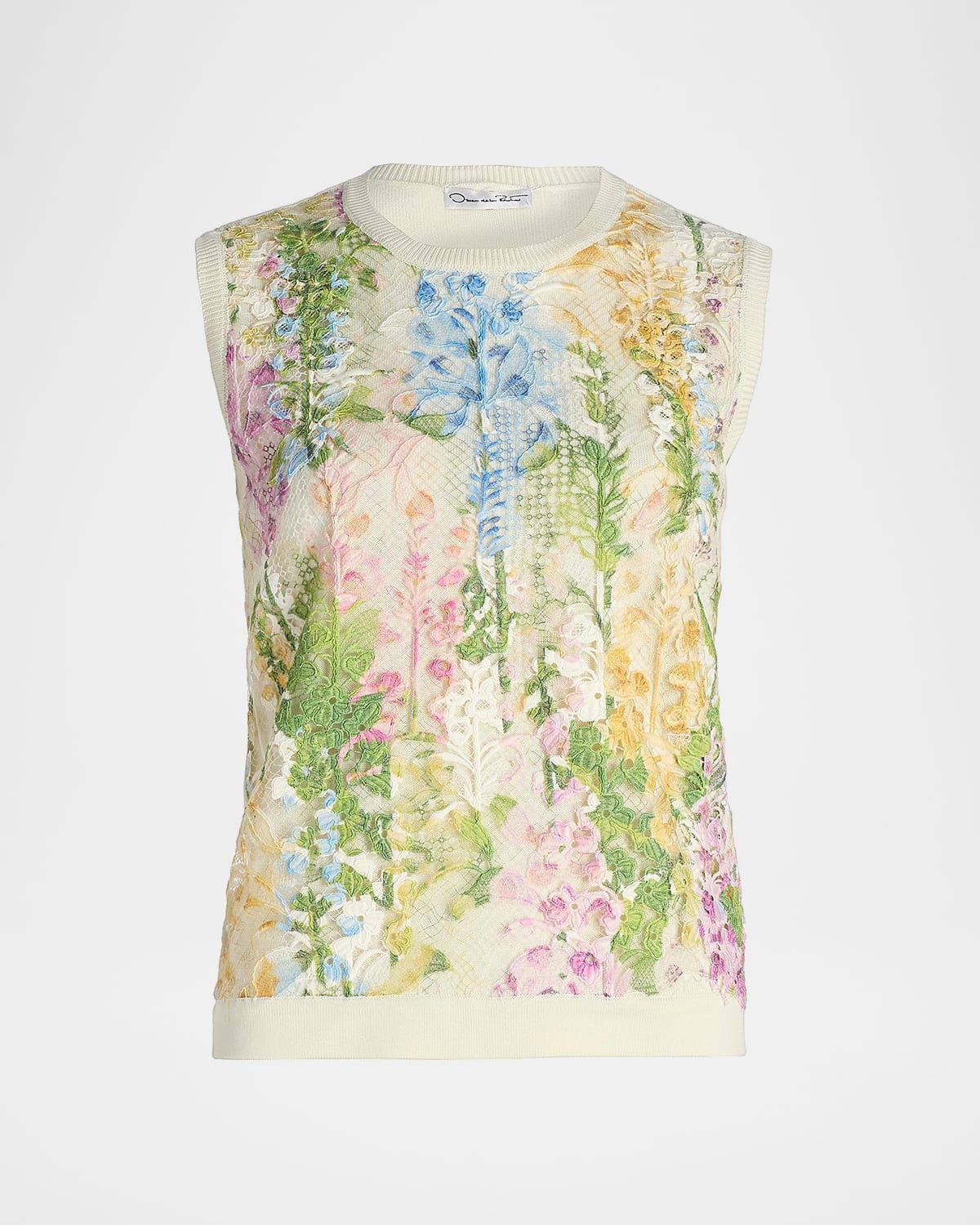 Foxgloves Print Lace-Insert Tank Top