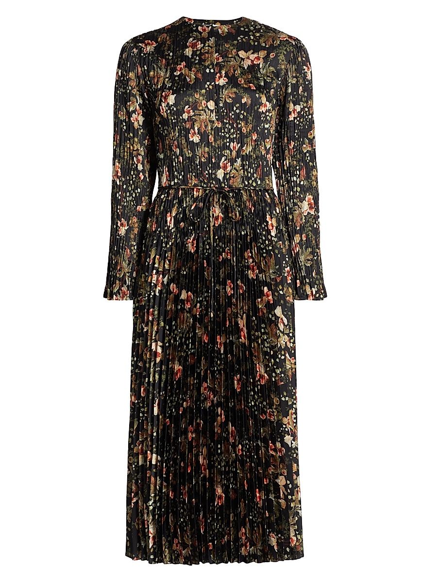 Women's Orchid Vine Pleated Midi-Dress - Black Night - Size XS