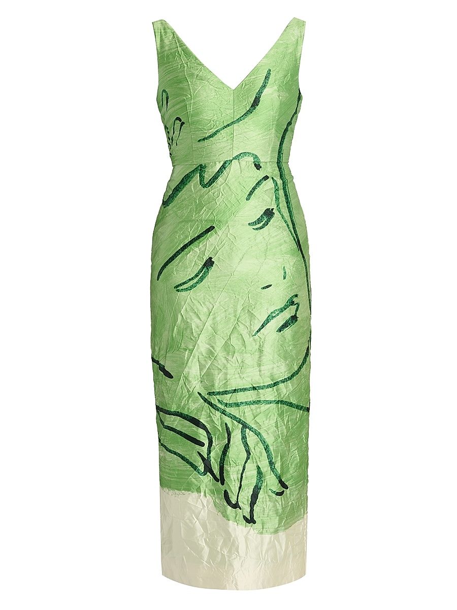 Women's Abstract Face Midi Cocktail Dress - Abstract Dreamer Clover Green - Size 10