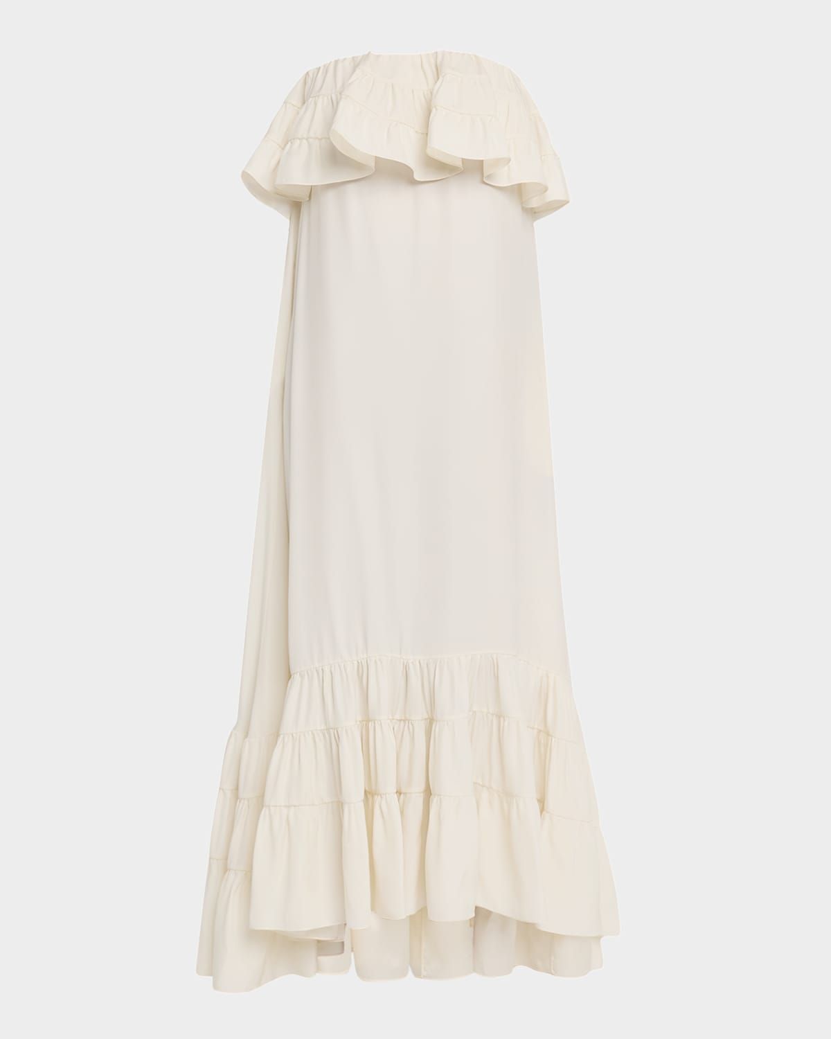 Strapless Tiered Ruffle High-Low Midi Dress