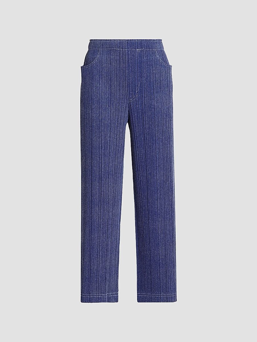 Women's Denim-Look Plissé Pants - Navy - Size Large