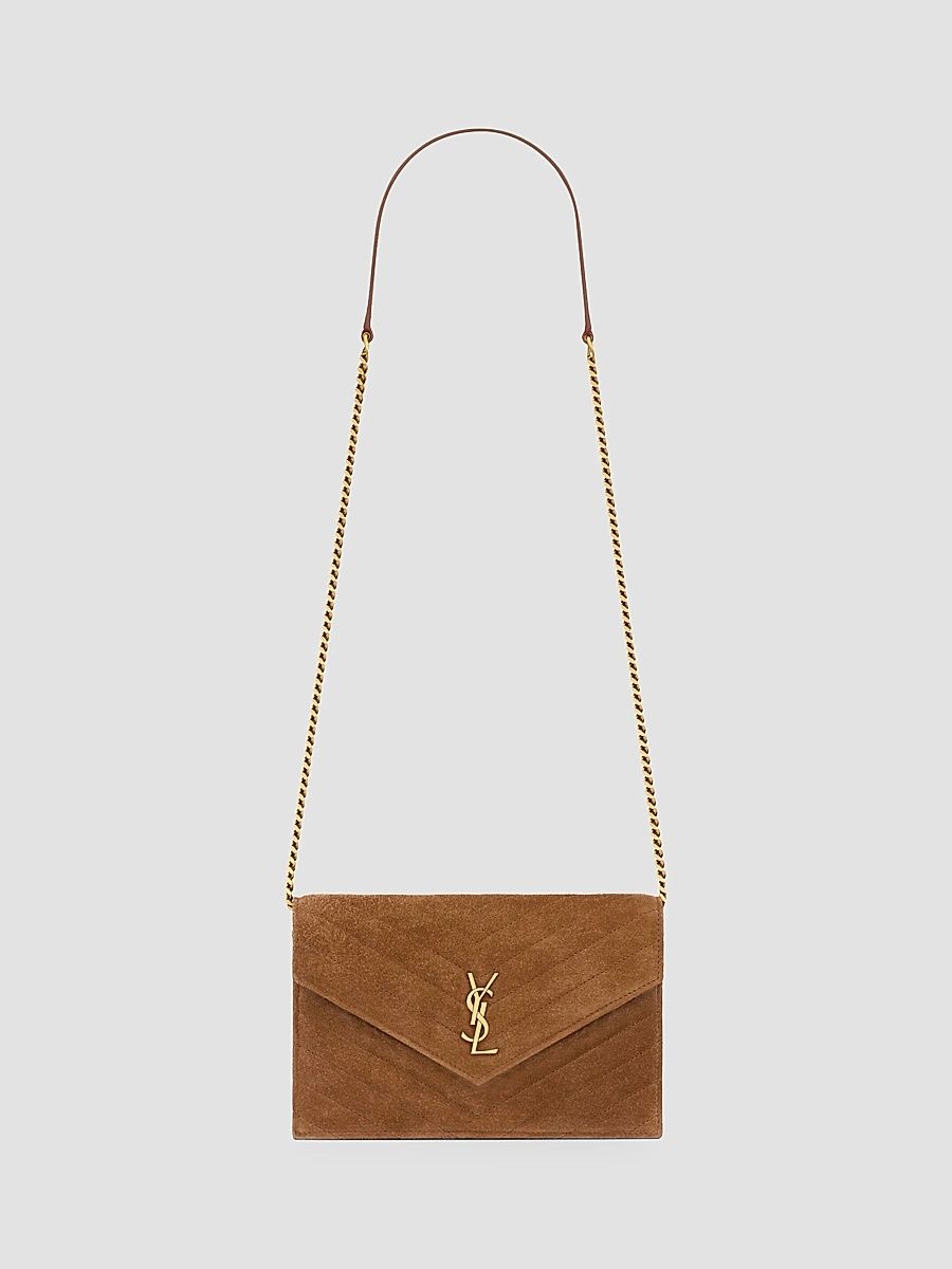Saint Laurent Women's Cassandre Envelope Chain Wallet in Suede - Caramel Cognac