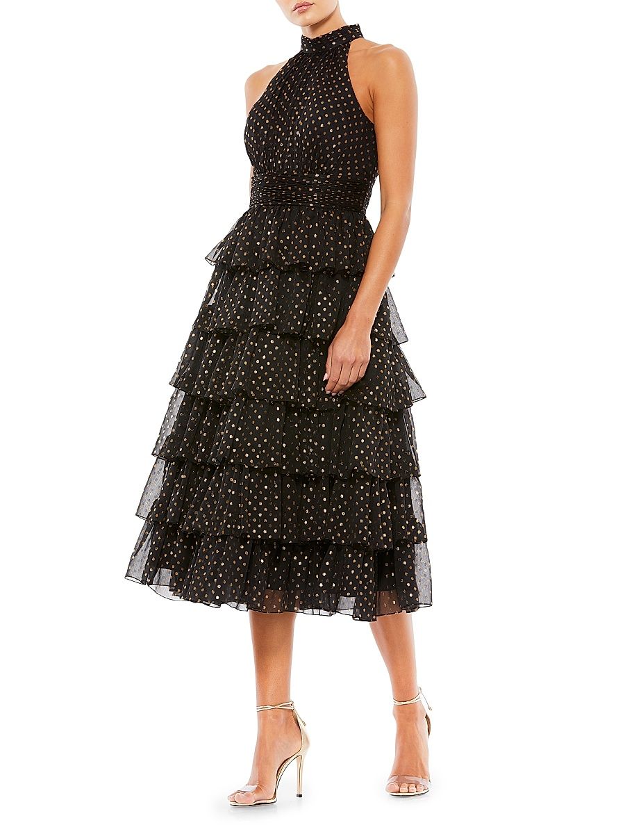 Women's High-Neck Tiered Dotted Midi-Dress - Black Gold - Size 14