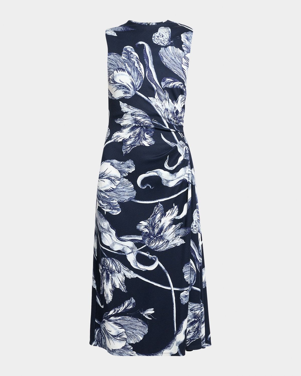 Floral-Print Draped Sleeveless Midi Dress