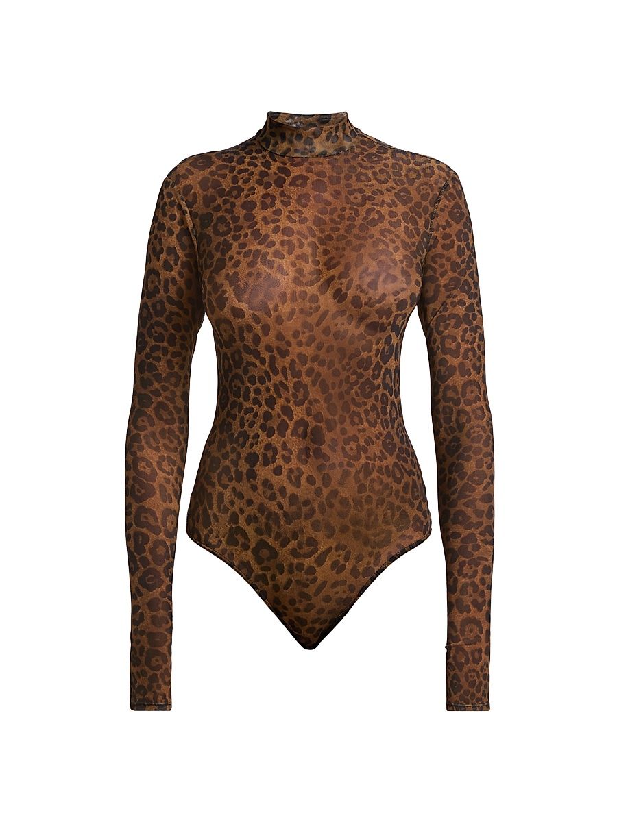 Women's Leopard-Print Mesh Bodysuit - Leopard - Size XL