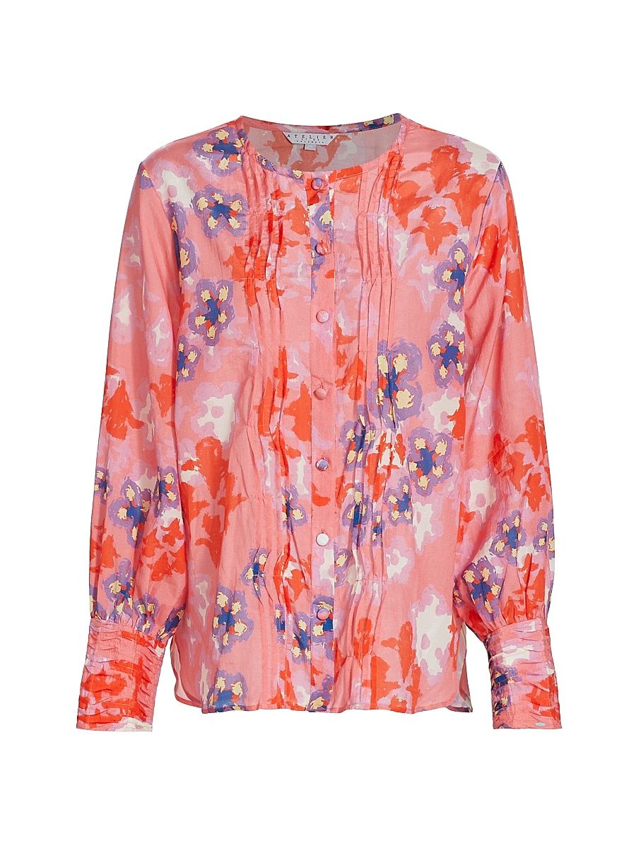 Women's Aura Floral Pleated Blouse - Pink Summer Flower - Size XS