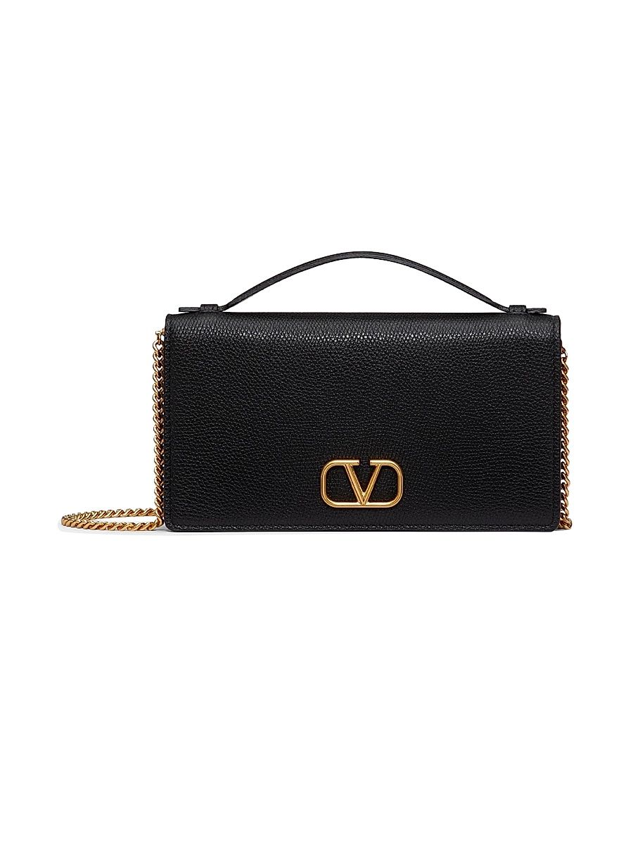 Women's VLogo Signature Grainy Calfskin Wallet with Chain - Black