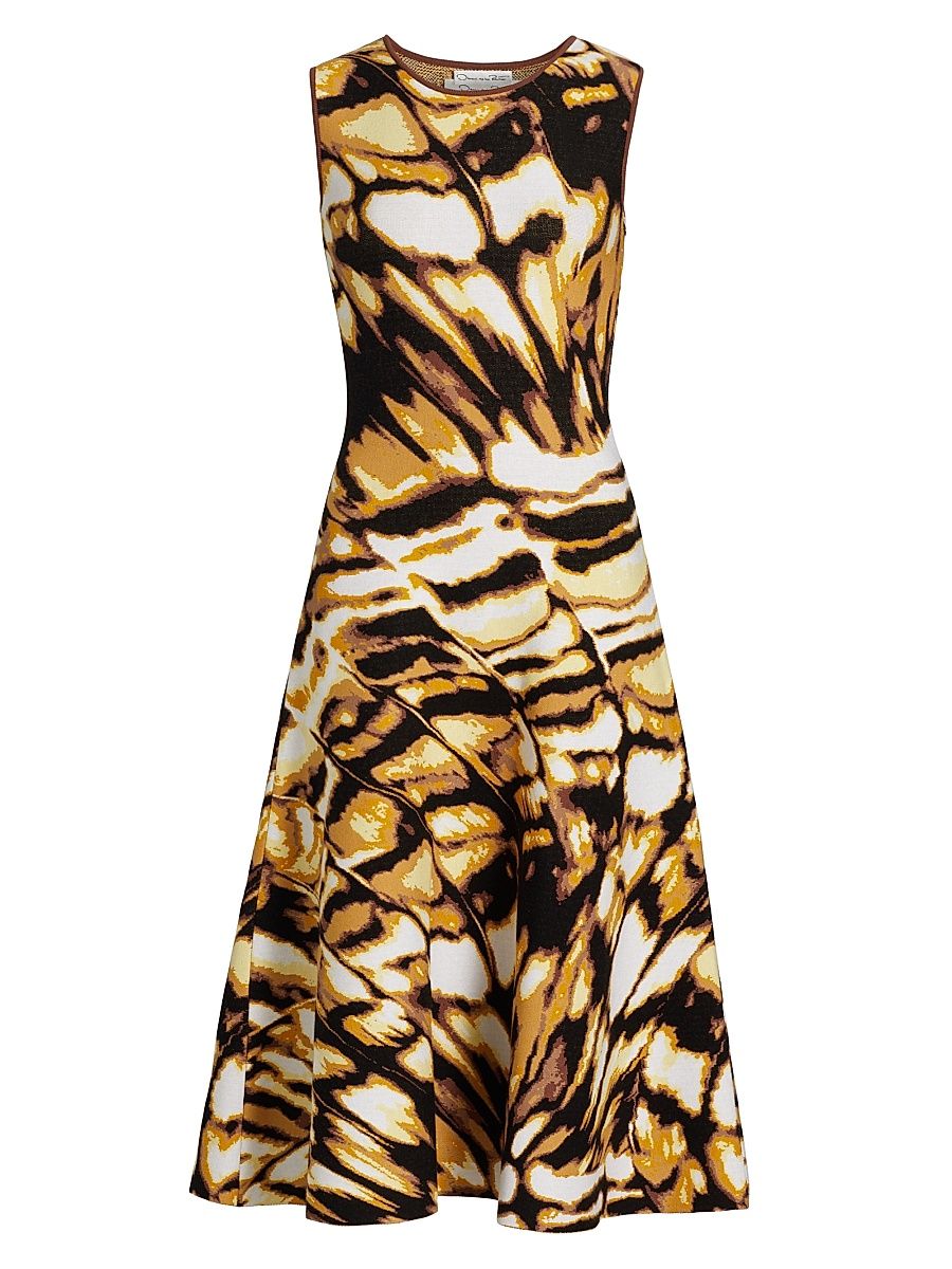 Women's Butterfly Jacquard-Knit Crewneck Midi-Dress - Black Multi - Size Medium