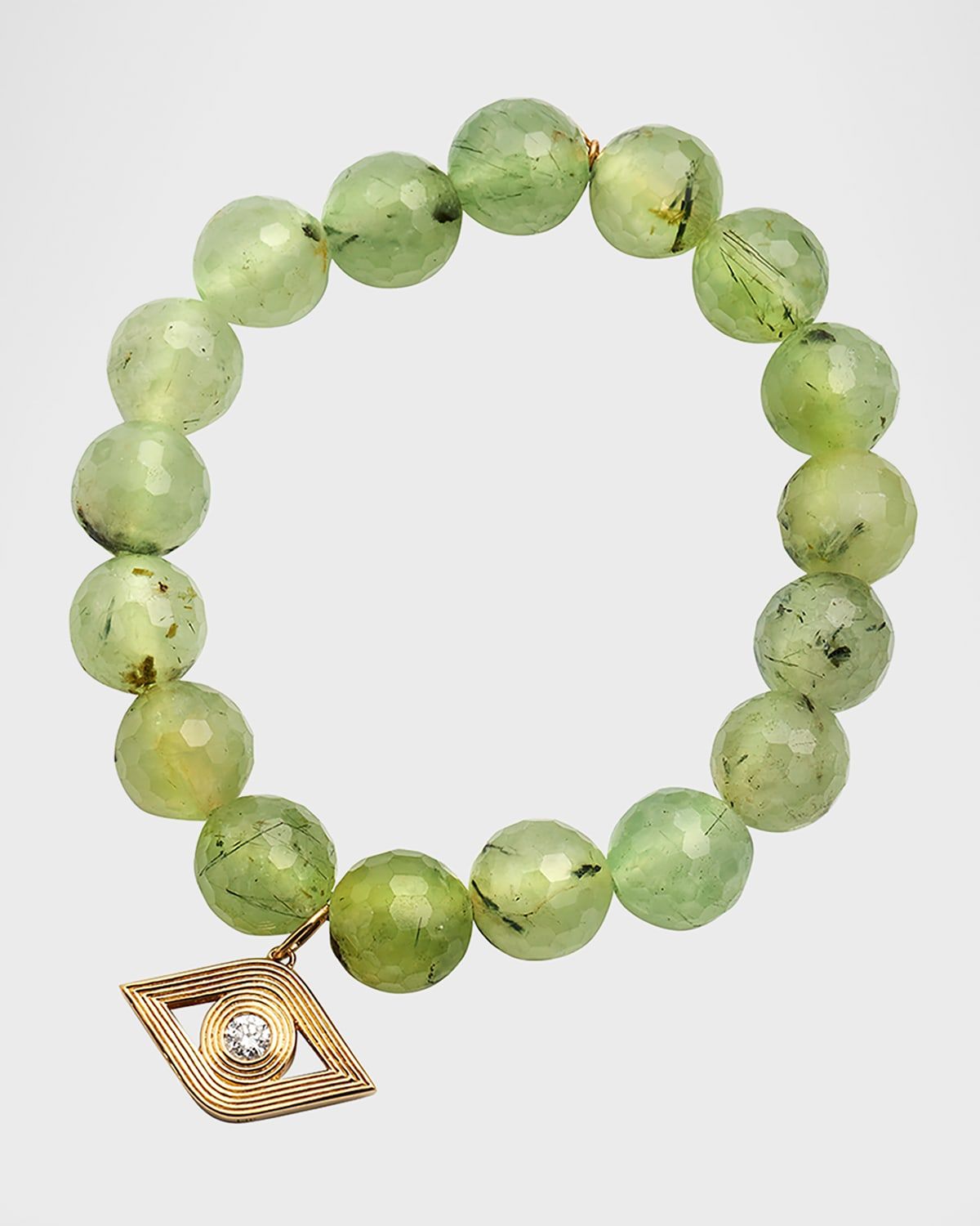 14k Gold Prehnite Beaded Bracelet with Diamond Evil Eye Charm