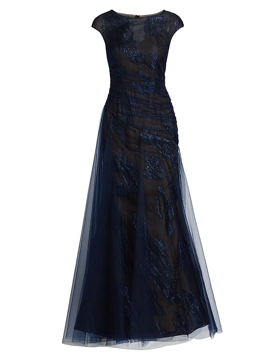 Women's Embroidered Tulle Illusion Gown - Navy - Size 14