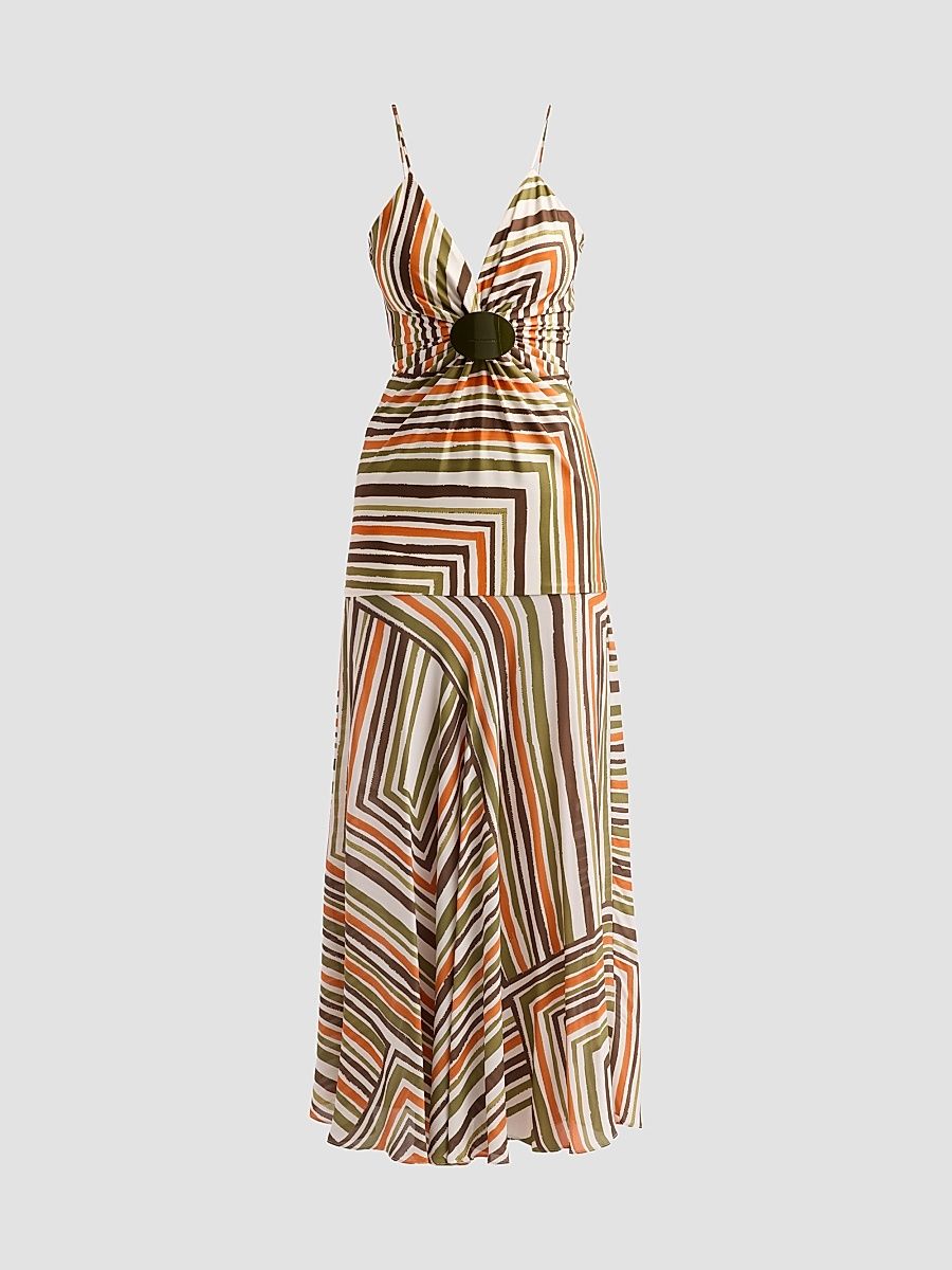 Women's Emel Abstract-Print Ruched Maxi Dress - Orange Green Stripes - Size XL