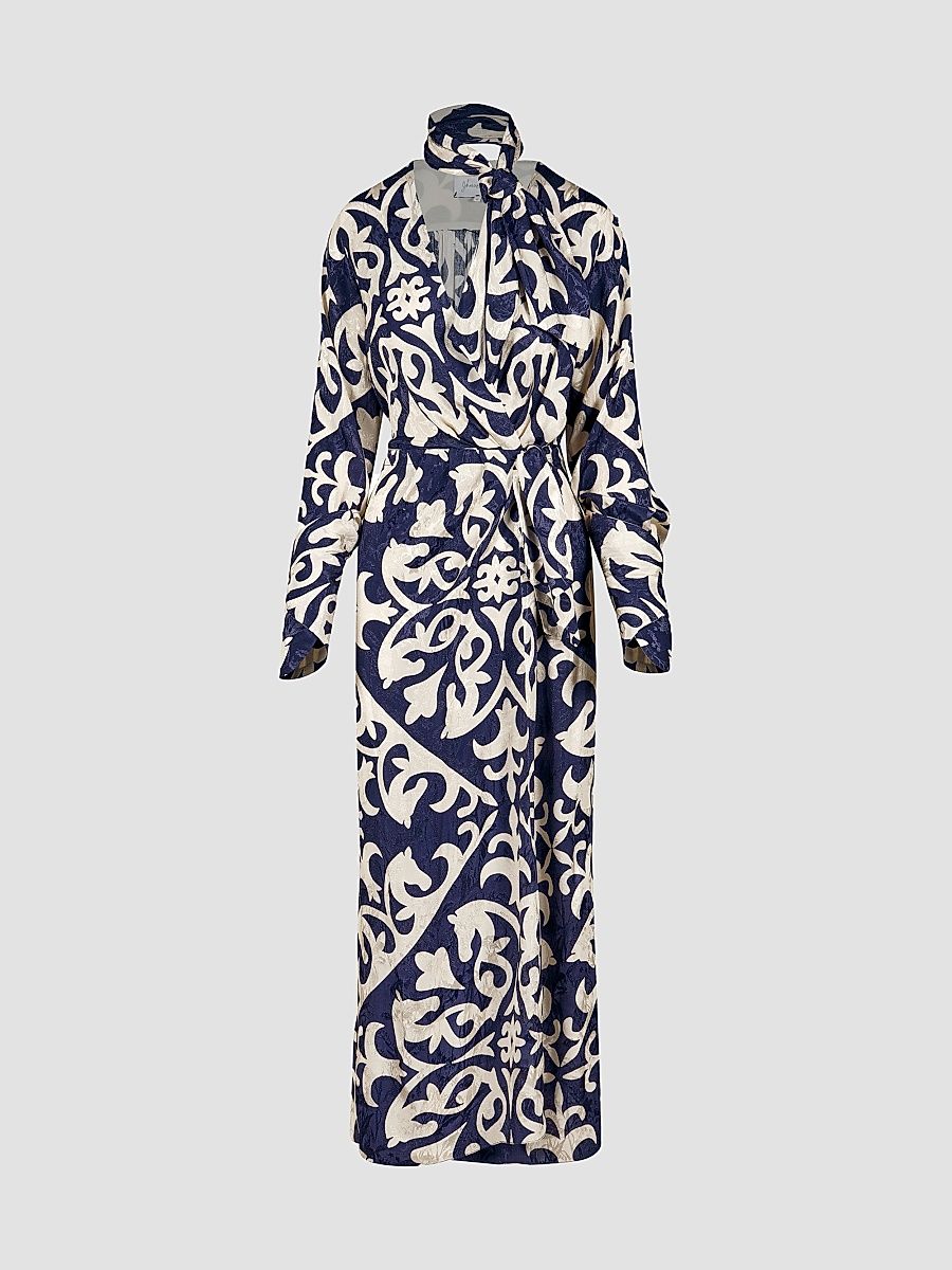Women's Unmooring Silk Wrap Midi Dress - Navy Ecru - Size 4