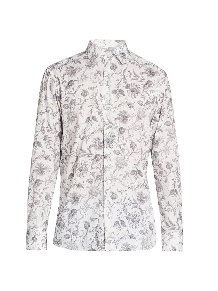 Men's Roma Floral Stretch-Cotton Shirt - Print On White Base - Size 17.5