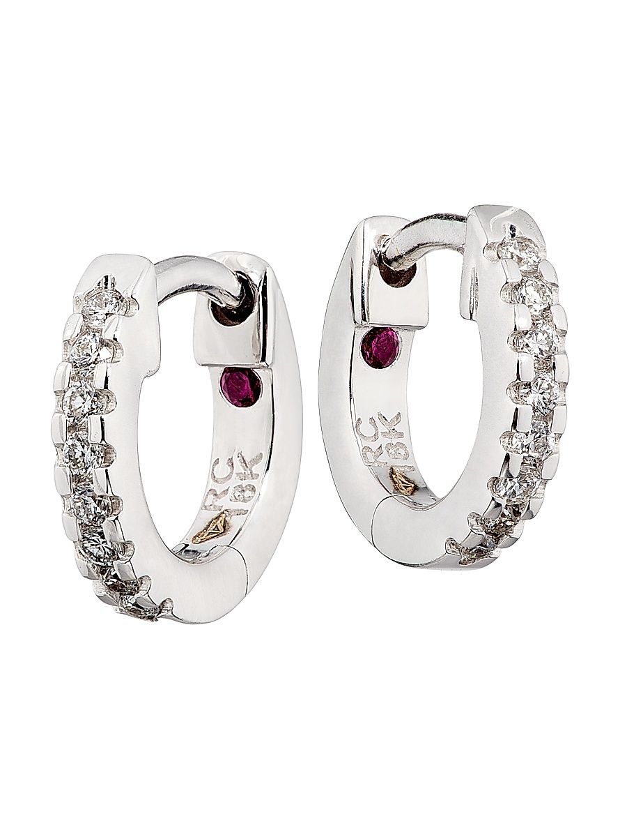 Women's Tiny Treasures Tiny 18K White Gold, Ruby & 0.35 TCW Diamond Huggie Earrings - White Gold