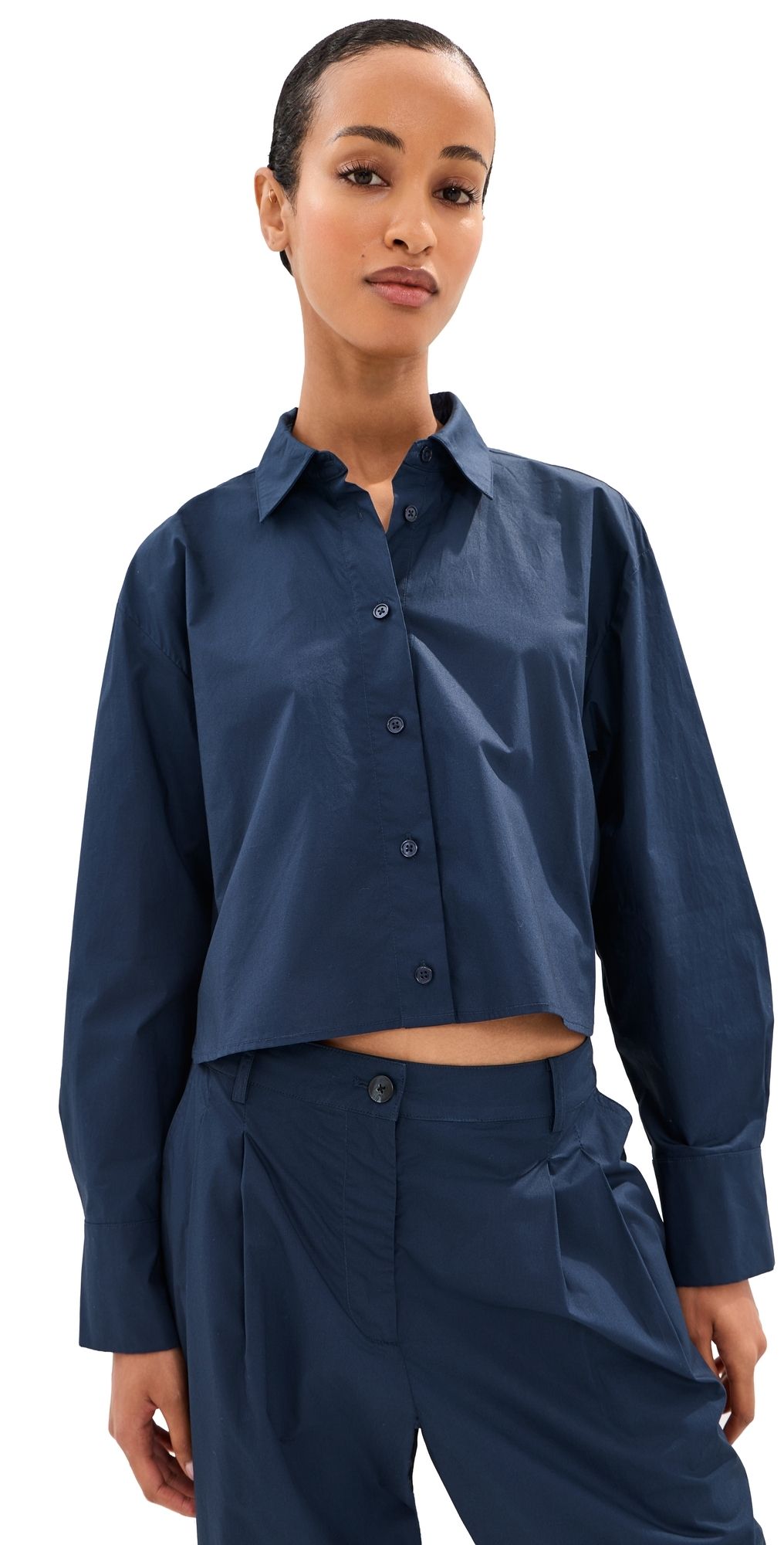 LE BOP Felicity Boxy Cropped Poplin Button Down Shirt Navy XS