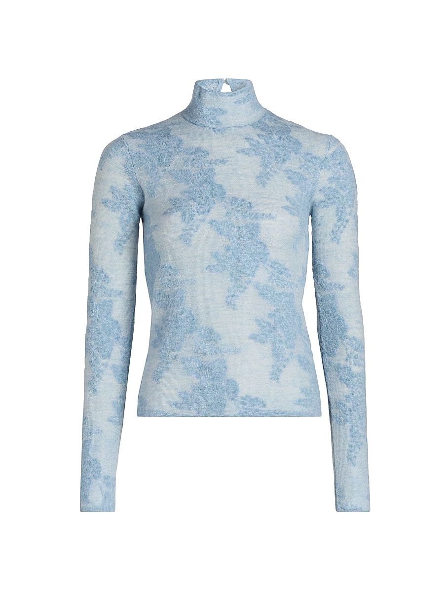 Women's Flower Jacquard Mock Turtleneck Sweater - Blissful Blue - Size XL