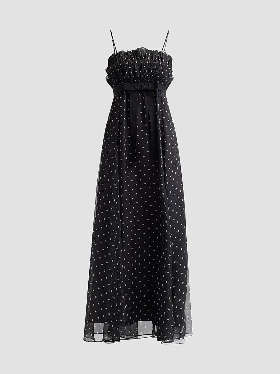 Women's Frill Pleated Maxi Dress - Black Dot - Size 10