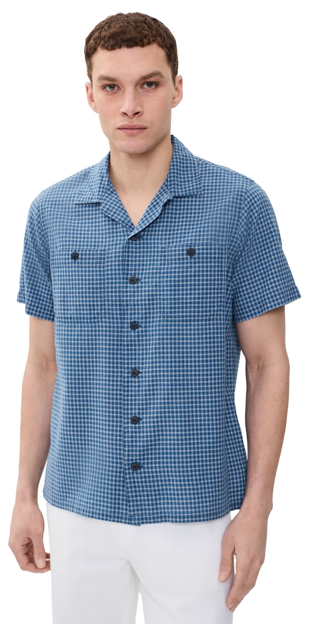 Polo Ralph Lauren Billy Short Sleeve Plaid Collared Shirt Indigo Cream M