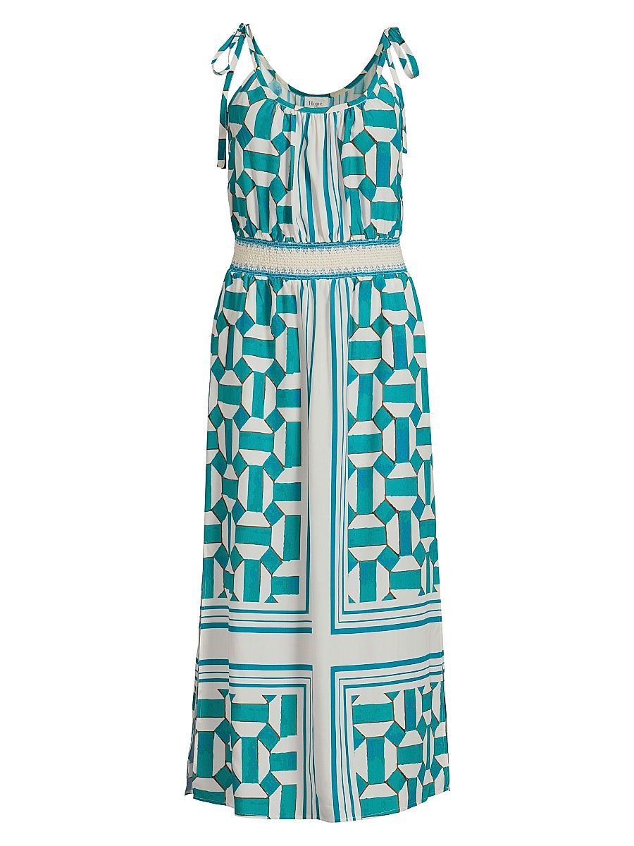 Women's Geometric Blouson Tie-Strap Midi-Dress - Teal Tiles - Size XL
