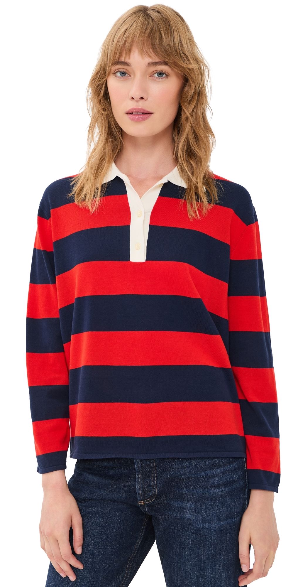 THE GREAT. The Academy Polo Sweater Hot Red League Stripe 1