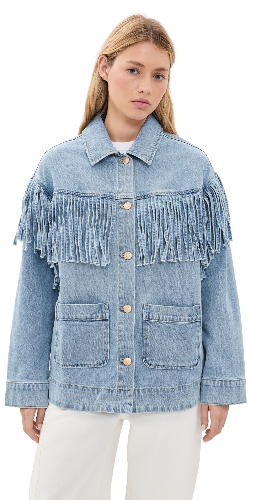 Show Me Your Mumu Western Denim Fringe Jacket Jet Stream Blue L
