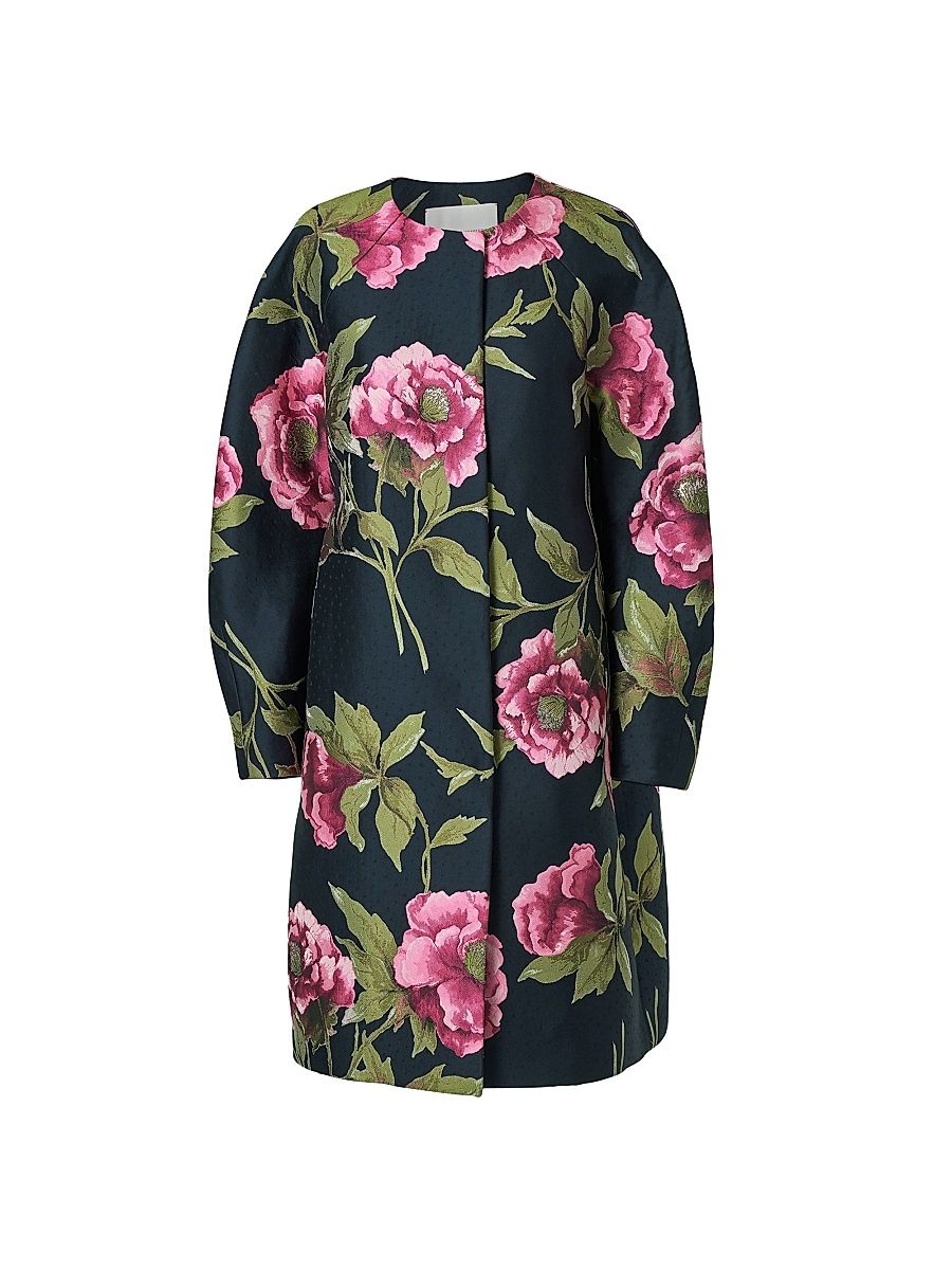 Women's Floral Collarless Cocoon Coat - Midnight Multi - Size 6