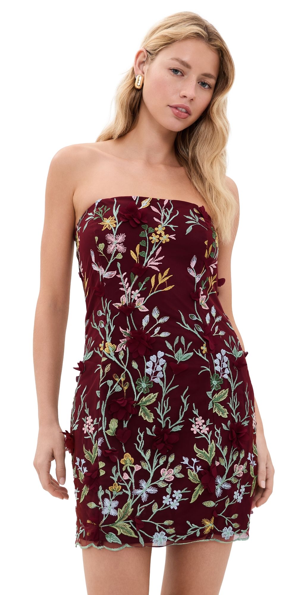 endless rose Strapless 3D Floral Embroidered Mini Dress Burgundy Multi S