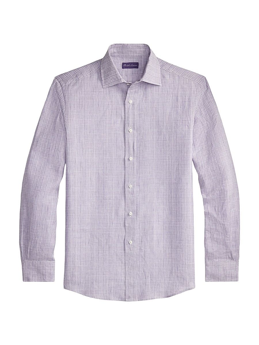 Men's Glen Check Linen Button-Front Shirt - Lavender - Size XXL