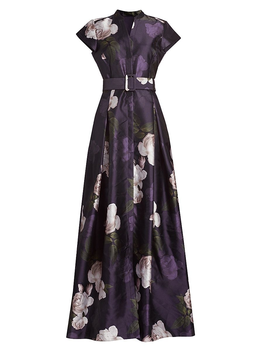 Women's Marta Floral Mikado Belted Gown - Twilight Blooms - Size 4