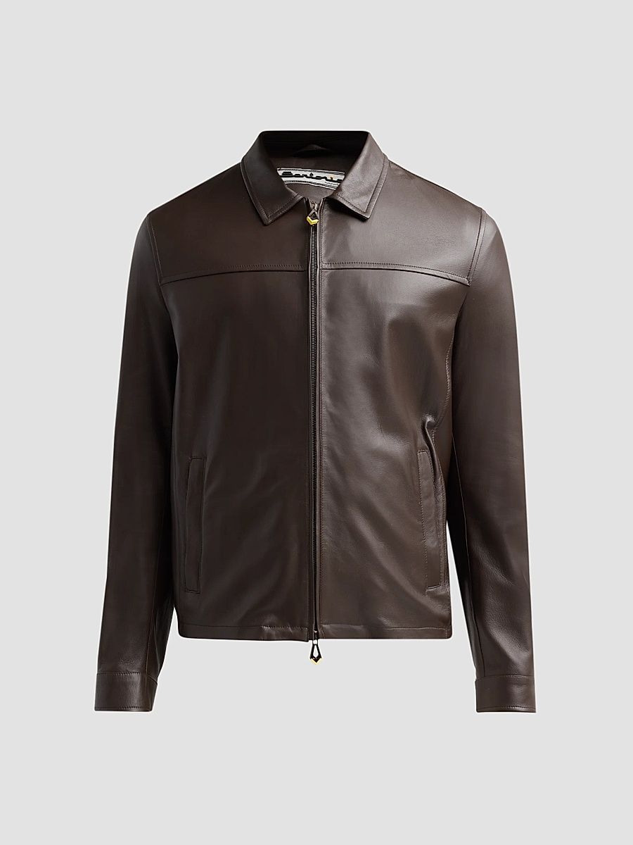 Men's Leather Zip-Front Jacket - Brown - Size 40