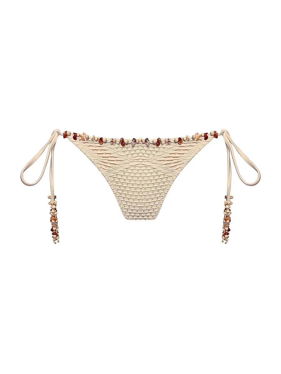Women's Beaded Mesh Bikini Bottom - Beige - Size XL