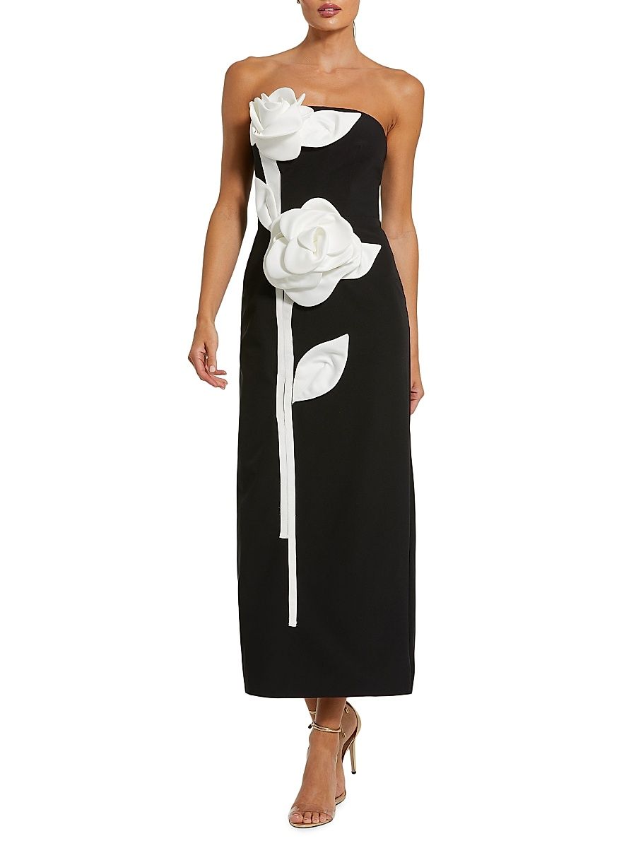 Women's Floral Crepe Strapless Maxi Dress - Black Ivory - Size 12