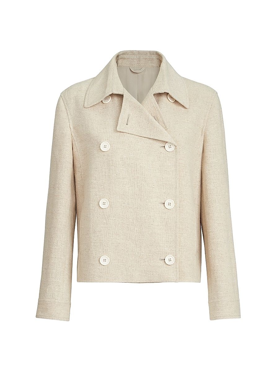 Women's Slubbed Linen, Silk and Hemp Cropped Pea Coat with Monili - Beige - Size 14