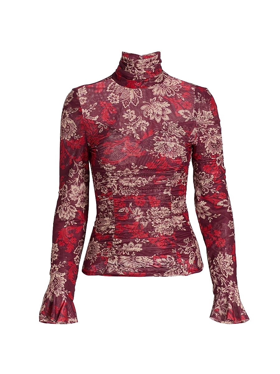 Women's Gilded Paisley Shirred Mesh Turtleneck - Mulberry Multi - Size XL