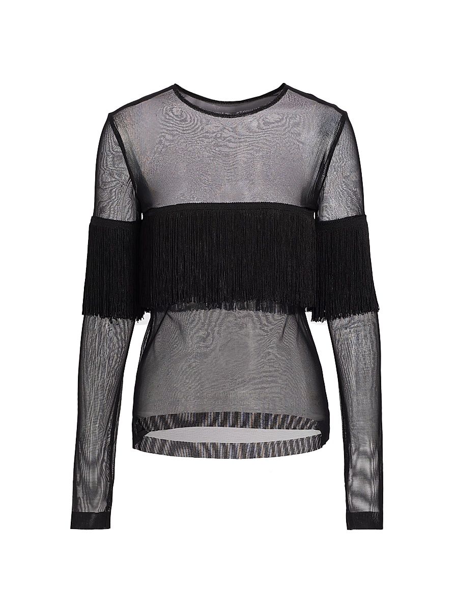Women's Long-Sleeve Crewneck Fringe Top - Black Black - Size XS