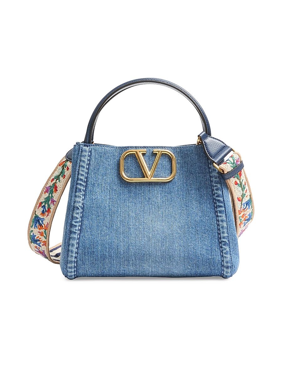 Women's Alltime Medium Top Handle Bag in Denim with Embroidered Strap - Denim
