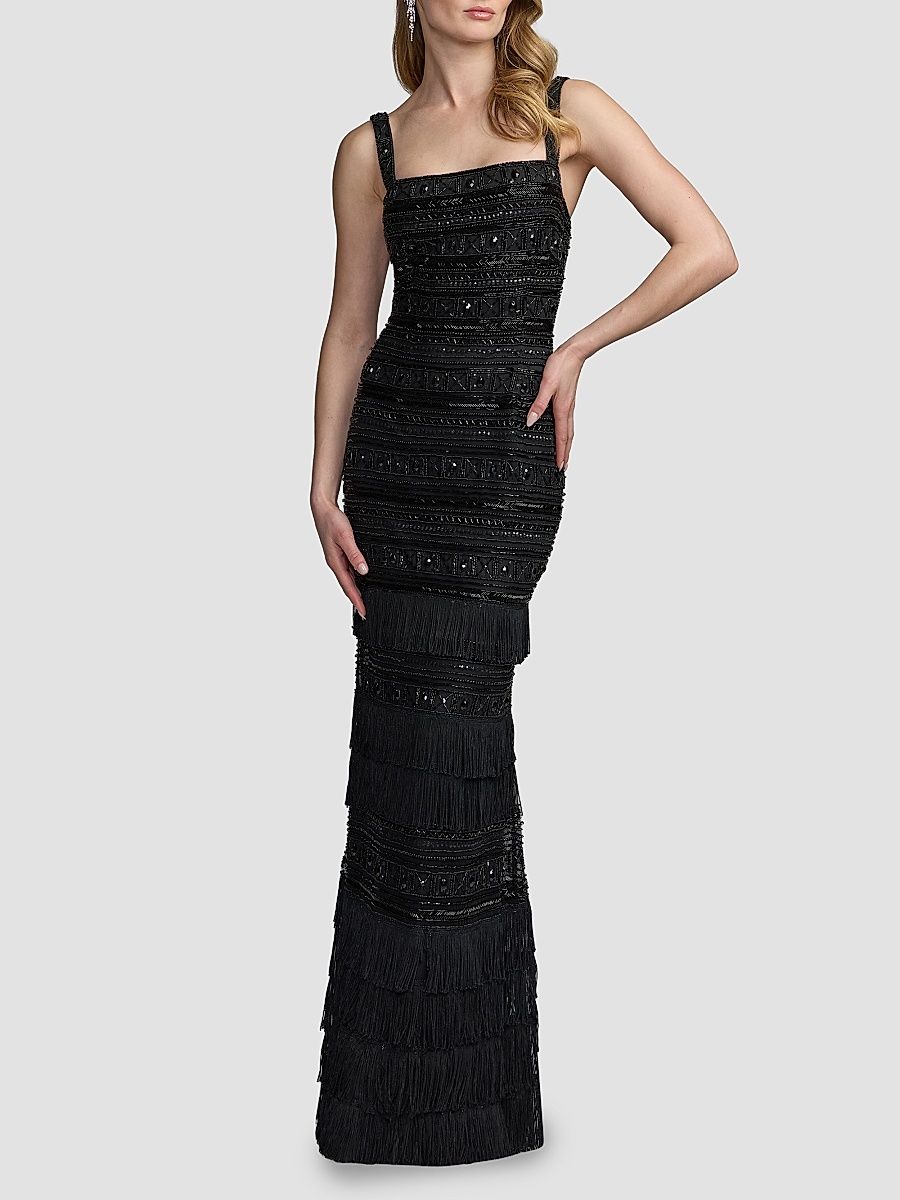 Women's Embellished Geometric Fringe Gown - Black - Size 12