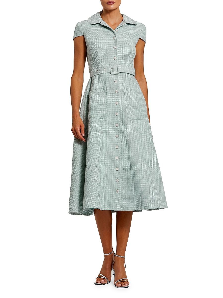 Women's Tweed Belted Midi-Shirtdress - Seafoam - Size Large