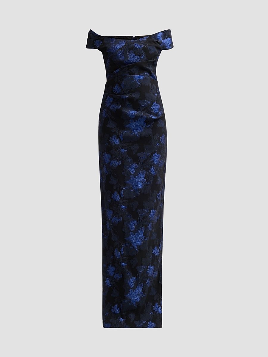 Teri Jon by Rickie Freeman Women's Floral Jacqaurd Off-the-Shoulder Gown - Sapphire Black - Size 16