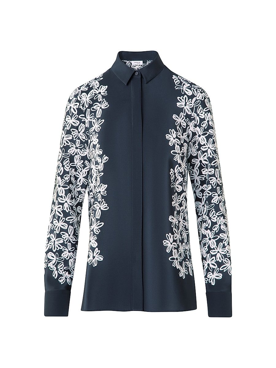 Women's Daisy Print Crêpe De Chine Blouse - Black Cream - Size 14