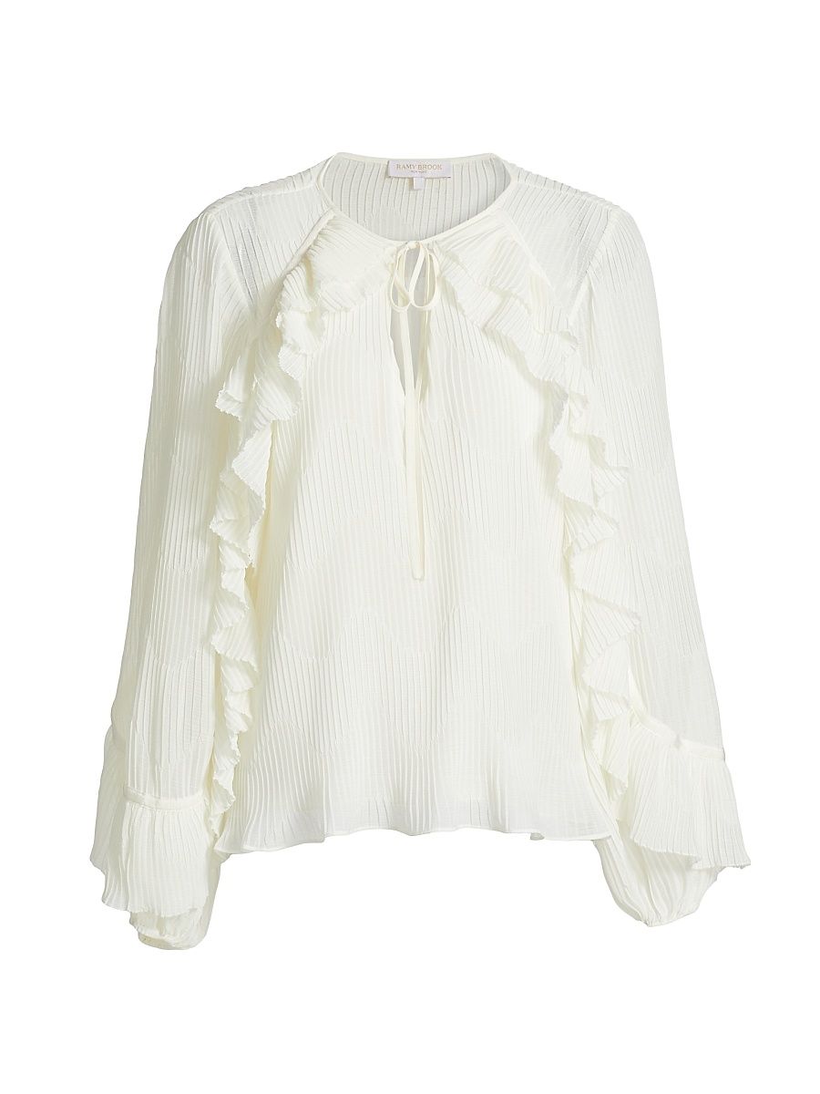 Women's Exclusive Paige Ruffled Plissé Long-Sleeve Top - Ivory - Size Large