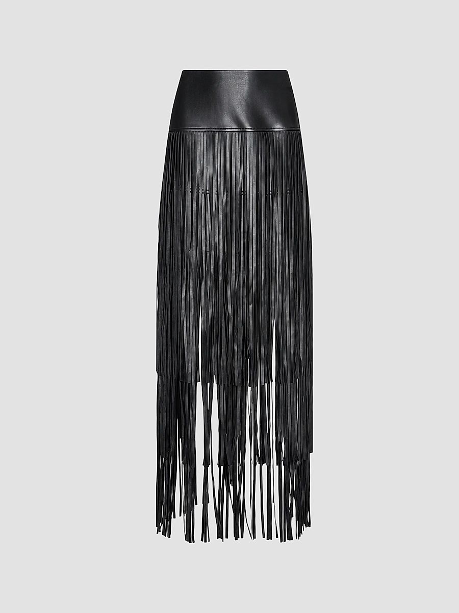 Women's Karoline Faux-Leather Fringe Maxi Skirt - Black - Size 14