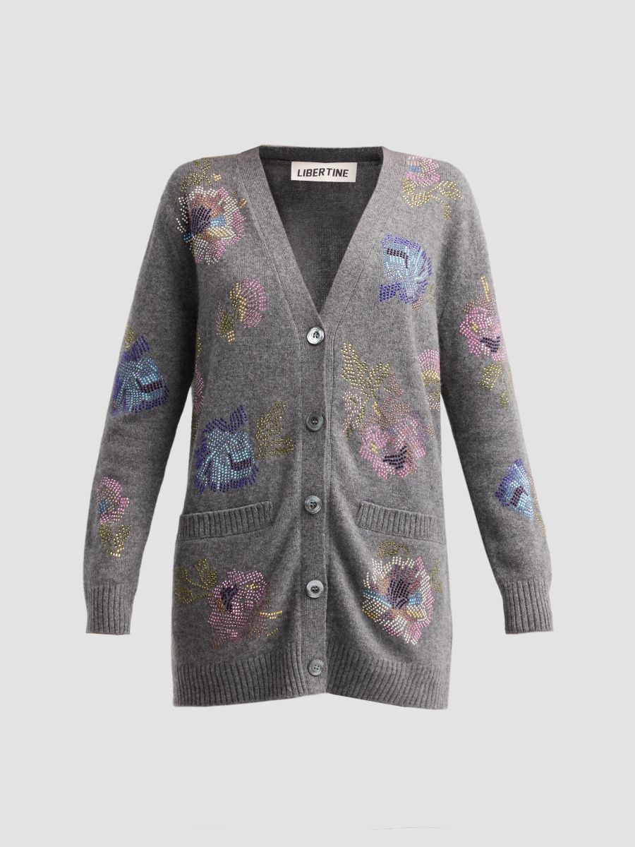 Libertine Women's Mosaic Floral Rhinestone-Embellished Cashmere Oversized Cardigan - Charcoal - Size Large