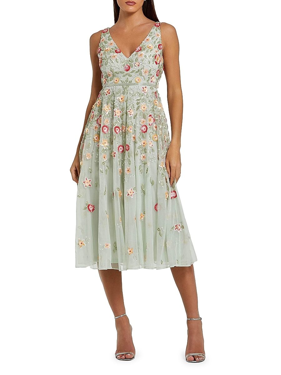 Women's Cocktail Floral Embroidered V-Neck Midi-Dress - Sage Multi - Size 16