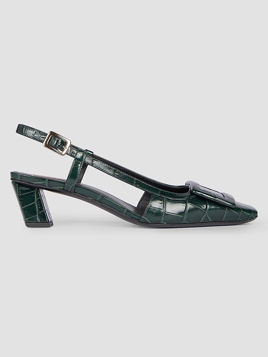 Women's Belle Vivier 45MM Croc-Embossed Leather Slingback Pumps - Night Green - Size 5