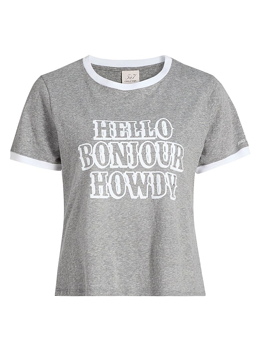 Women's Studded Hello Bonjour Howdy Shrunken T-Shirt - Charcoal Heather Grey Multi - Size XL
