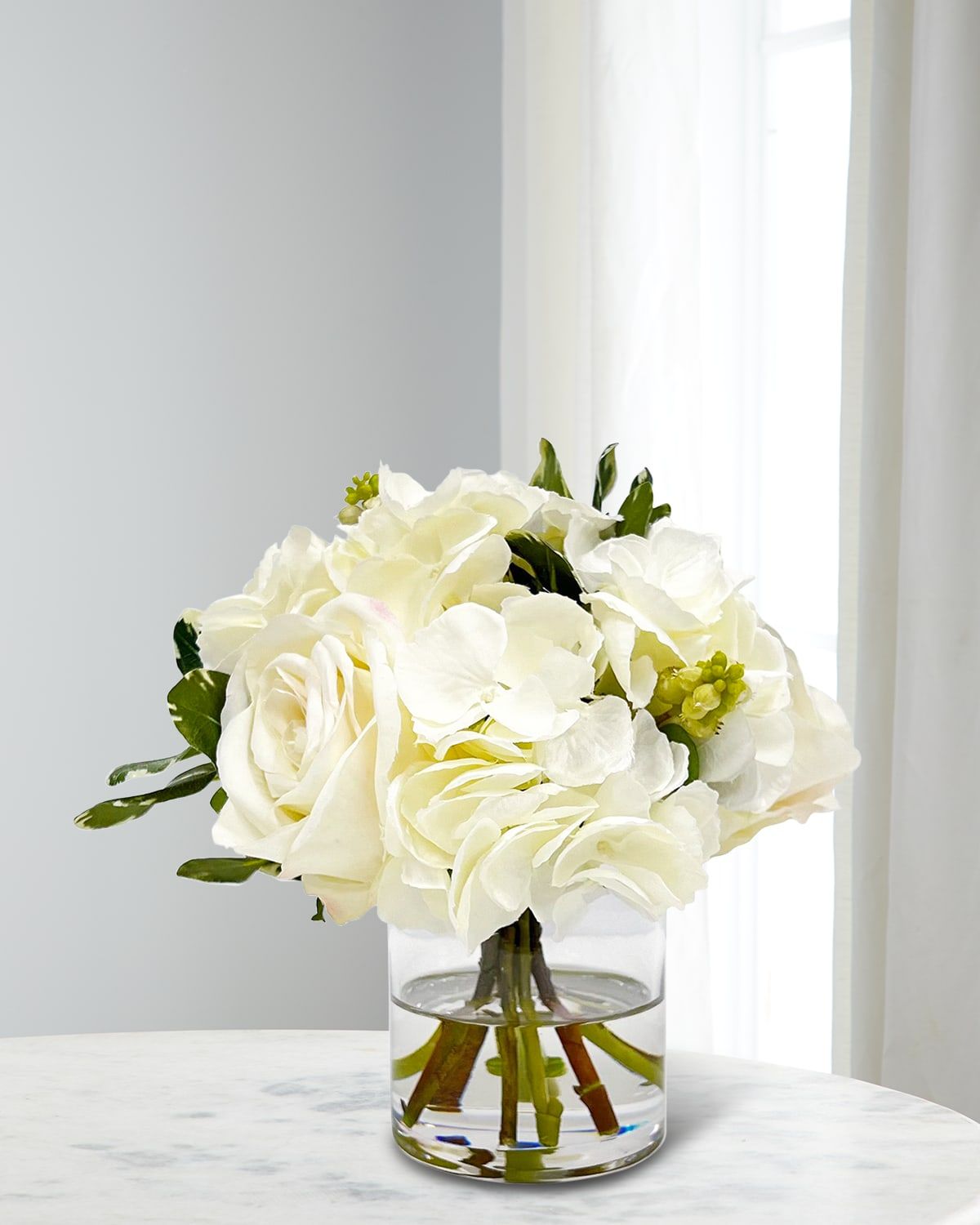 Hydrangeas & Roses 9" Faux Floral Arrangement in Glass Vase